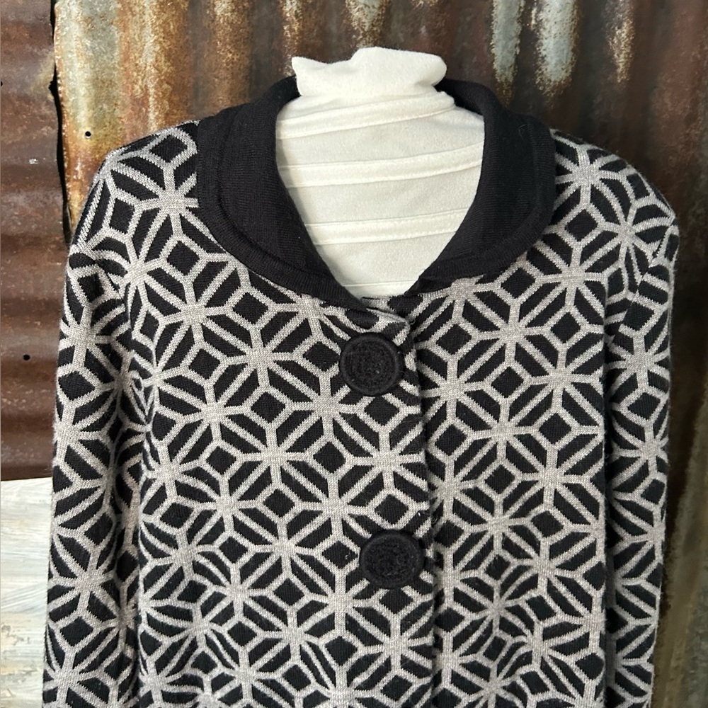 John Paul Richard Knit Cardigan Coat Black White Geometric Long Sleeve Sweater-L - Picture 3 of 9